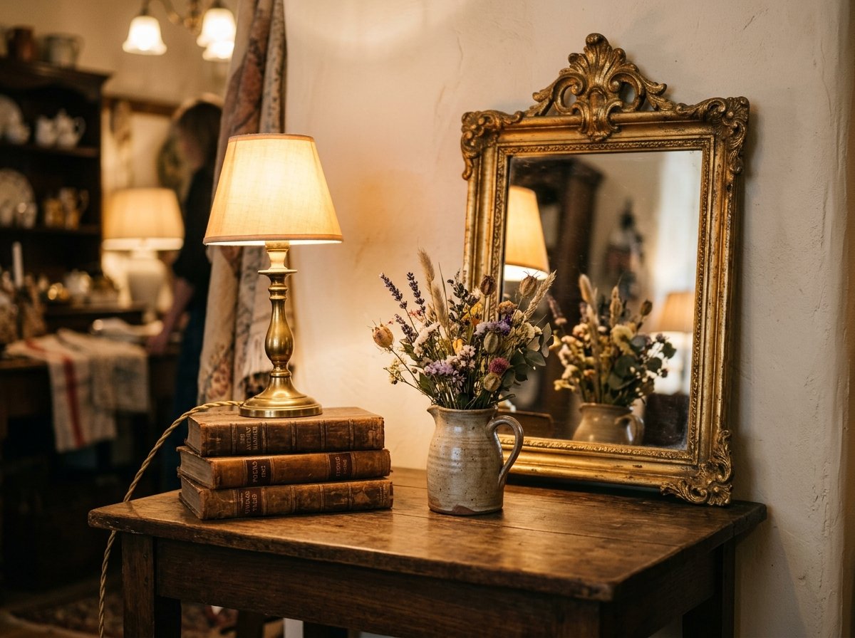 A beautifully arranged vignette with vintage brass lamp, leather-bound books, and dried flowers