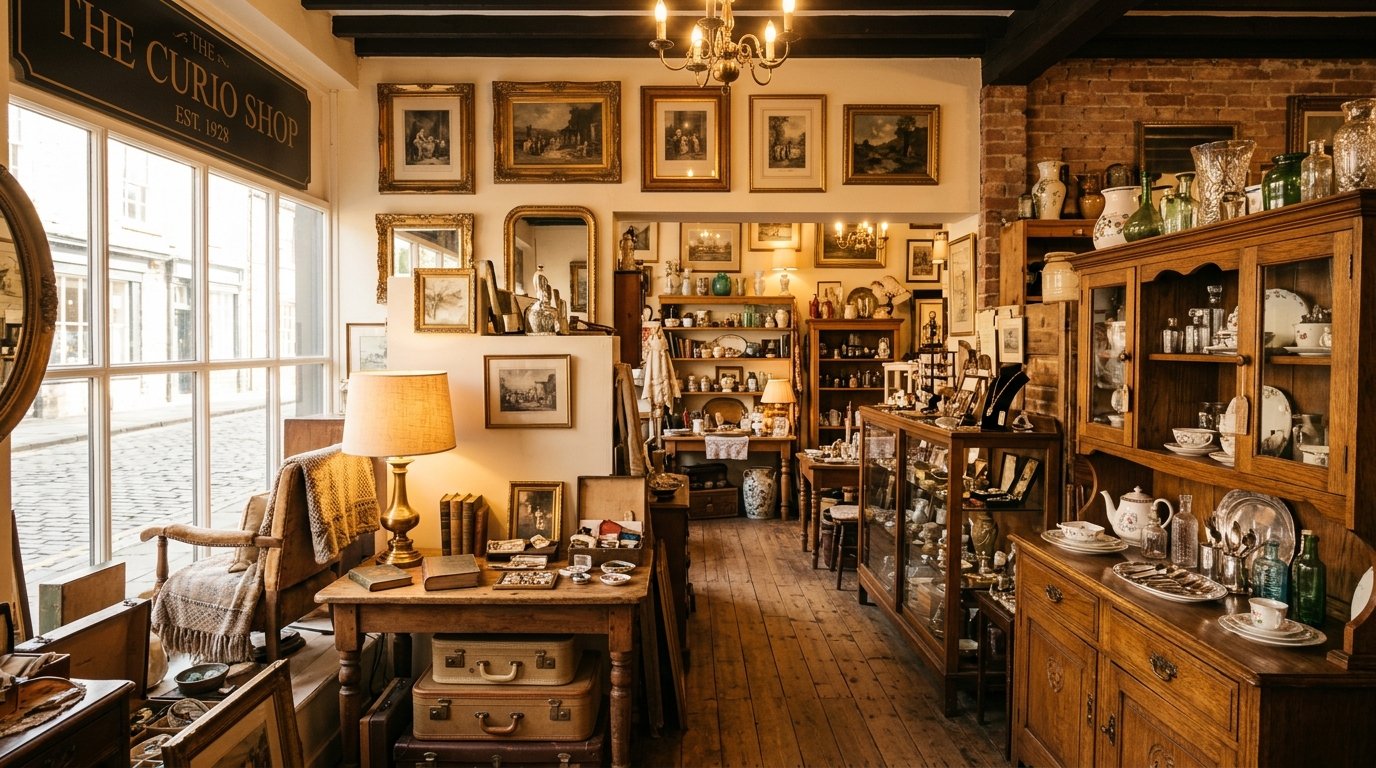 Warm interior of Black Crow LLC antique shop filled with curated vintage treasures